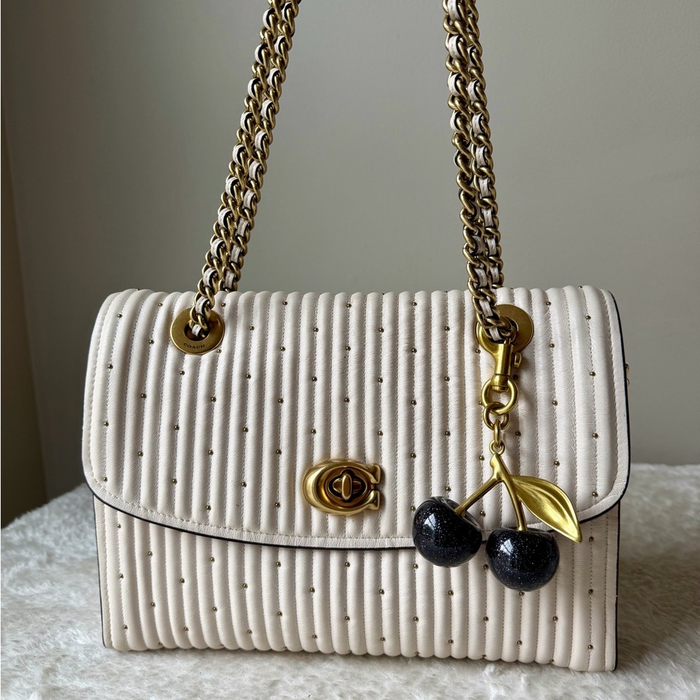 Coach Parker  Quilted with Rivets bag in chalk off white with charm